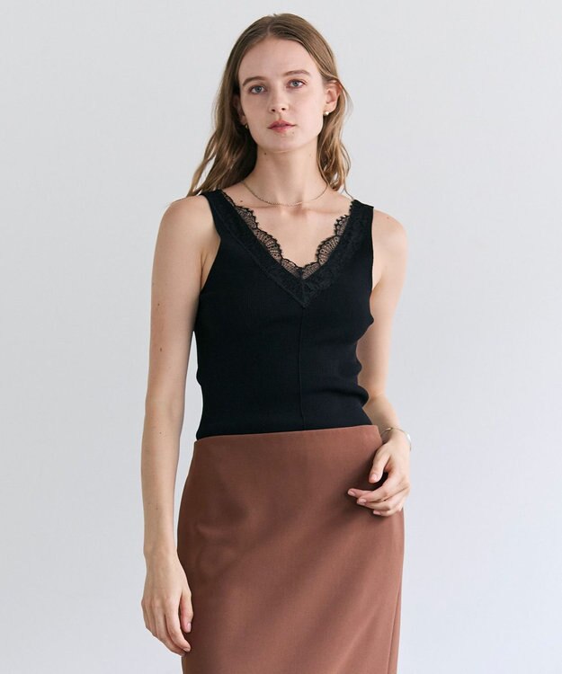 BEIGE， RUBY / レーストリム リブタンクトップ Black