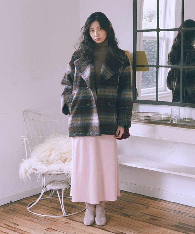 earth music&ecology チェックシャギーコート Check Brown