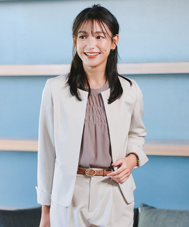 Tiaclasse L 【ダブルクロス・洗える】ノーカラージャケット グレージュ