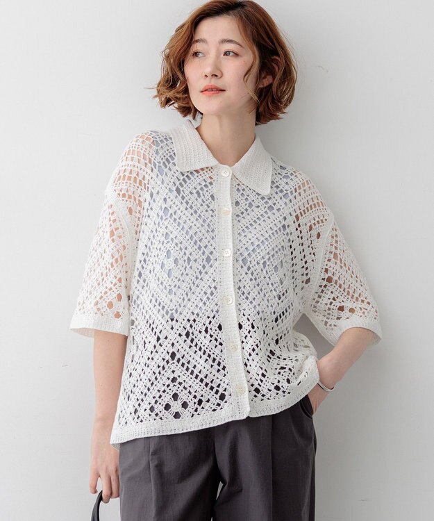 23区 S 【先行予約】エンブロイダリーレース ポロ ニット ホワイト系