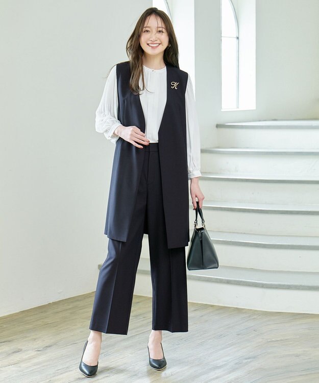 ANY L 【洗濯機可/ストレッチ/ウエストゴム/セットアップ可】イージーケアワイドパンツ ネイビー