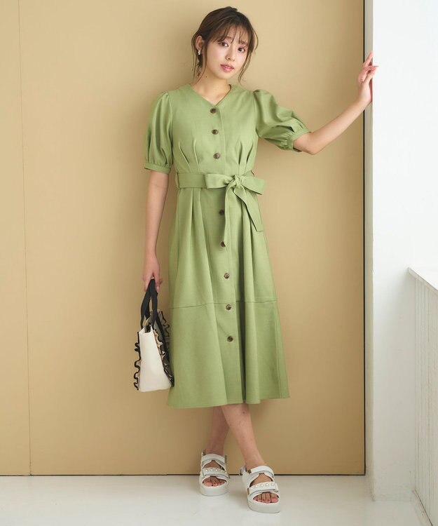 Feroux 【洗える】パフスリーブシャツ ワンピース グリーン系