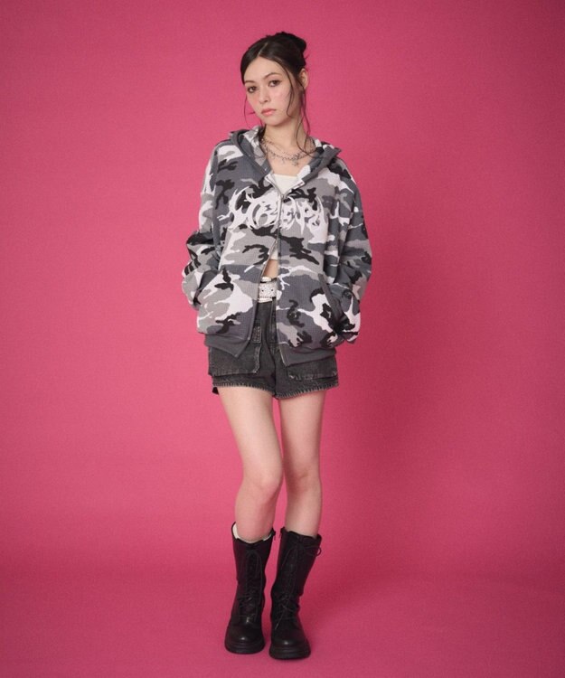 WEGO 【ユニセックス着用ITEM】ワッフルグラフィックカットZIPパーカー 柄1