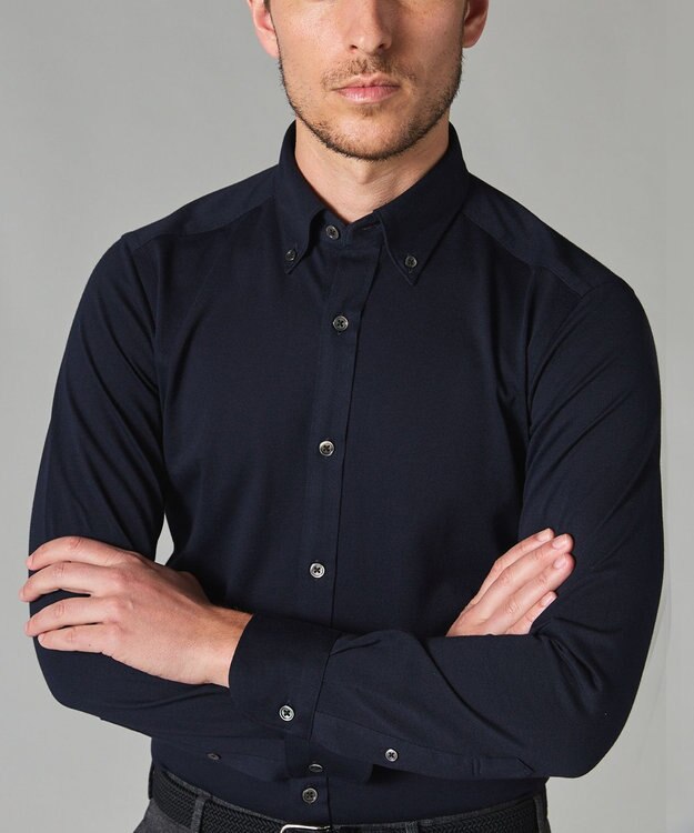 GOTAIRIKU 胸ポケット付にアップデート【吸水速乾/ストレッチ】クールマックス鹿の子 ビズシャツ_ボタンダウン ネイビー系