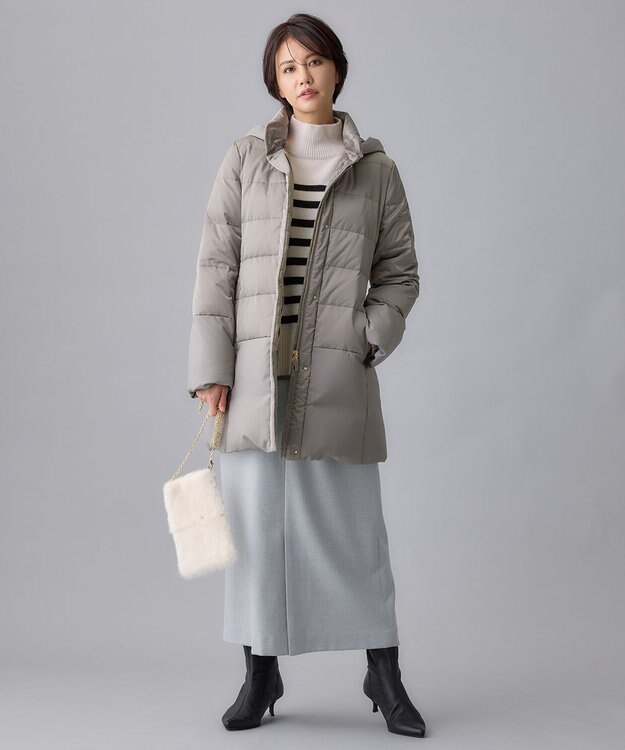 自由区 L 【撥水加工・洗える】ブライトダウンフード付き ダウンコート カーキグレー