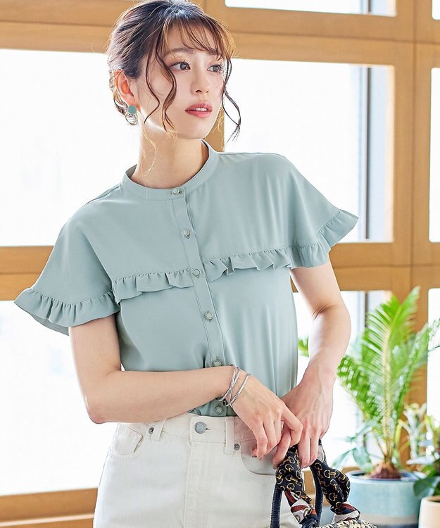 Tiaclasse L 【洗える】ケープ風フリルスリーブブラウス ミント