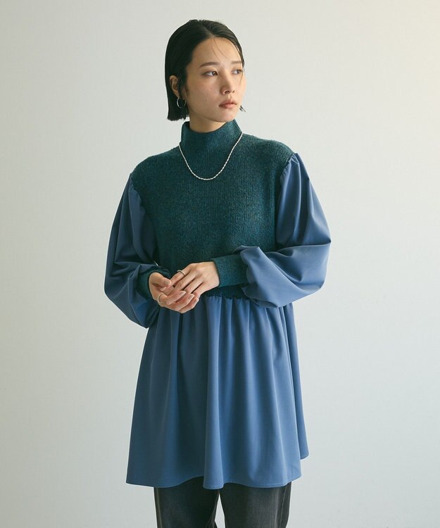 Green Parks ａ．布帛切り替えニットミニワンピース Blue