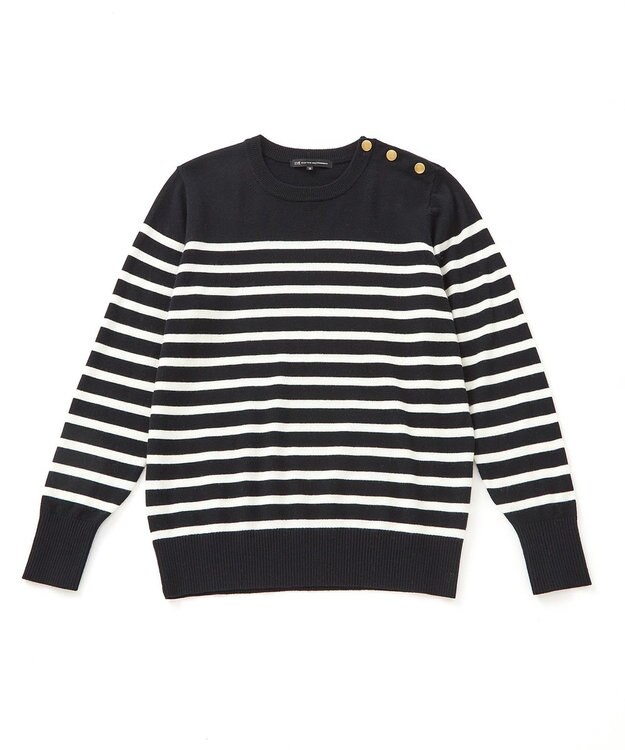 23区 L 【CLASSY.12月号掲載】セミウーステッドウール 肩ボタン ボーダー ニット  ブラック×オフホワイトボーダー