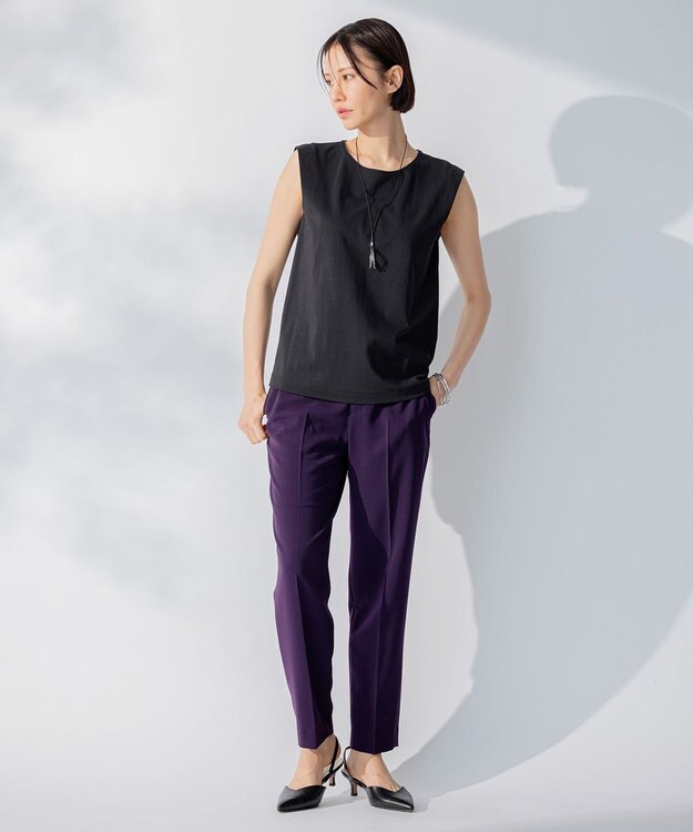 自由区 【接触冷感・洗える・XSサイズあり】ハイツイストポンチノースリーブインナー カットソー ネイビー系