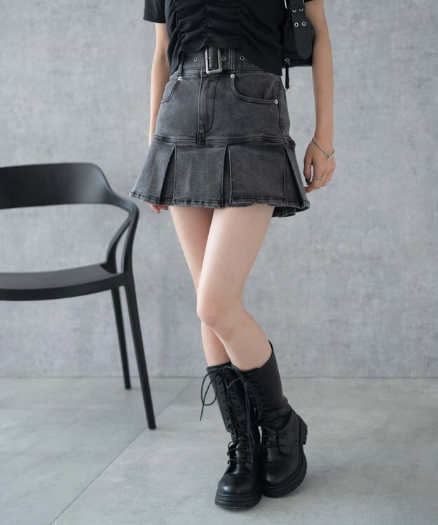 WEGO ベルト付デニムプリーツスカパン ブラックその他
