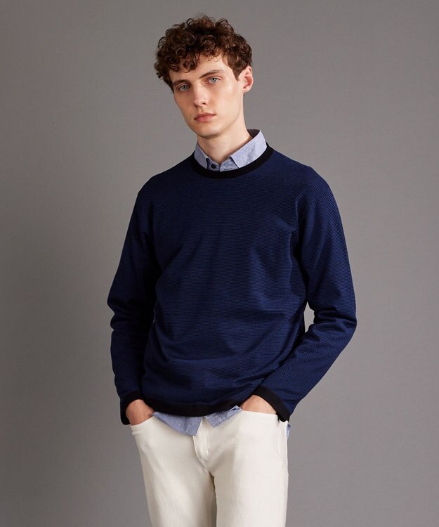 JOSEPH ABBOUD MOUNTAIN 【WEB限定・SPACE/チクチクしない/イージーケア/3シーズン対応】 SNOWYボーダーニットＴシャツ ブラック系1