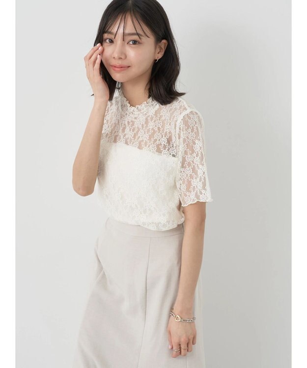 earth music&ecology レースドッキング半袖プルオーバー Ivory