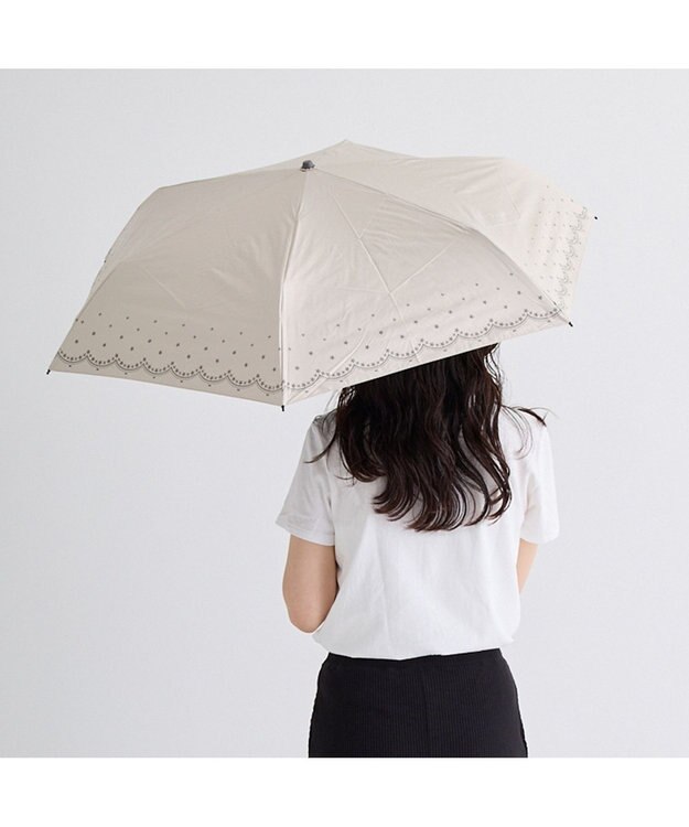 MOONBAT 晴雨兼用日傘 折りたたみ傘 スカラ刺繍柄／遮光 遮熱 UV ベージュ