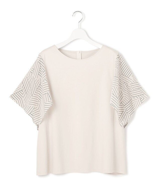 23区 L 【Lサイズ限定/洗える】スカーフプリントコンビ スリーブデザイン カットソー ベージュ×ブラック