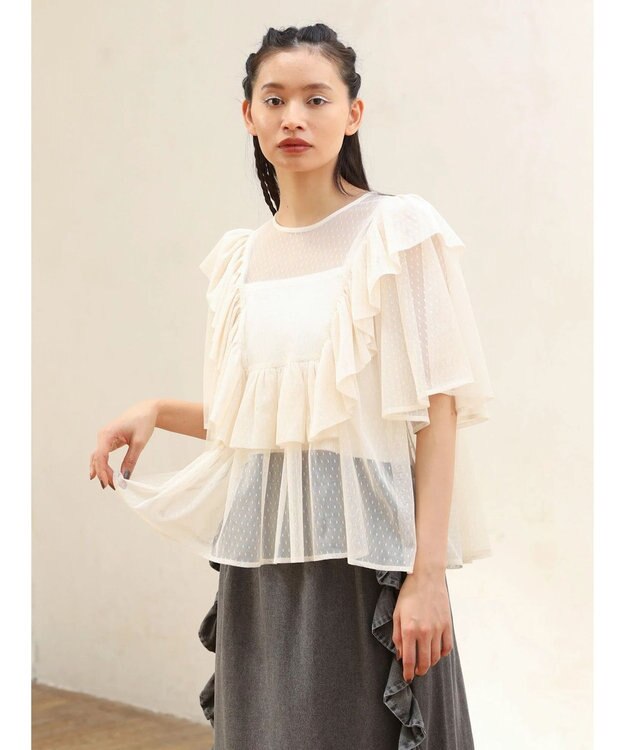 Green Parks ■ＥＳＣＡＲ　ドットチュールフレアヨークプルオーバー Ivory