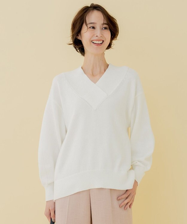 自由区 【XSサイズ～/洗える】コットンブレンドコード Vネックニット アイボリー系