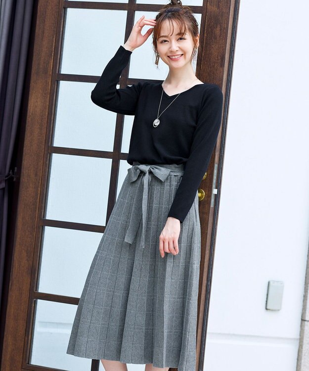 Tiaclasse L 【洗える】1枚で着映えするチェック柄編みニットワンピース ブラック×グレー