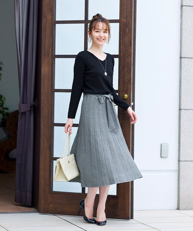 Tiaclasse L 【洗える】1枚で着映えするチェック柄編みニットワンピース ブラック×グレー