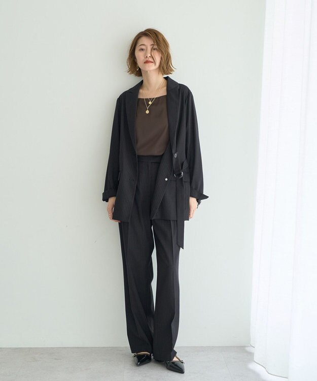 YECCA VECCA ウエストデザインワイドストレートパンツ Stripe