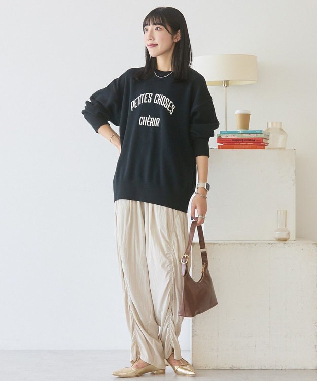 AMERICAN HOLIC コットンブレンドスウェットライクロゴニットトップス Black