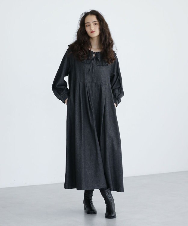 Green Parks ■ESCAR デニムラッフルカラーワンピース Black