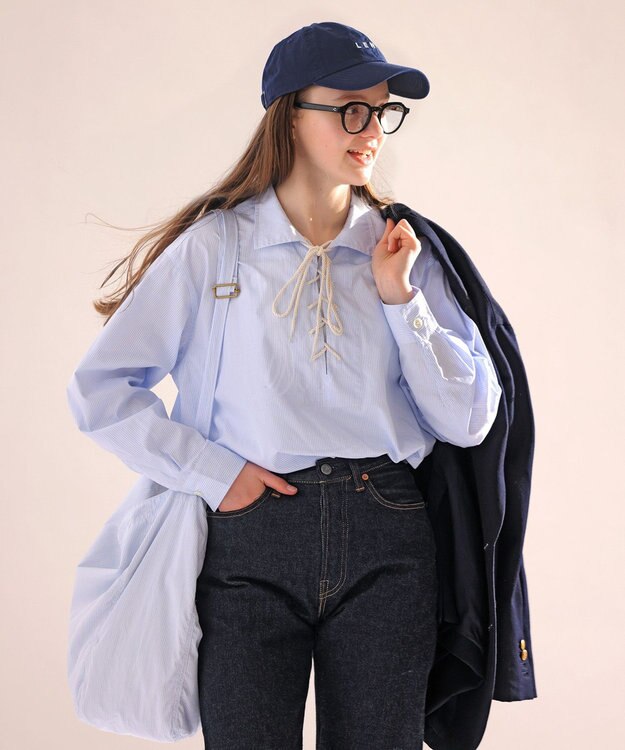 LENO SKIPPER SHIRTS CANDY STRIPE / スキッパーブラウス SAXE BLUE