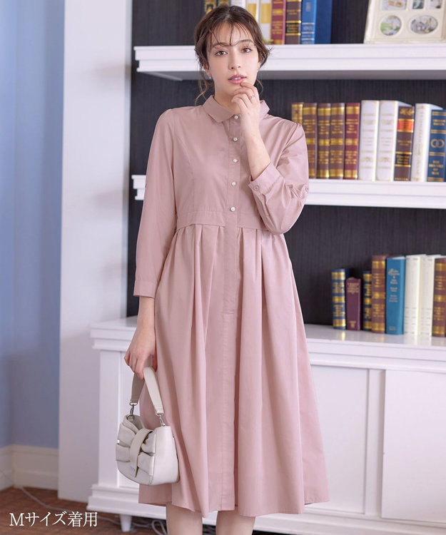 Tiaclasse L 【洗える】パール釦フレアシャツワンピース ピンク