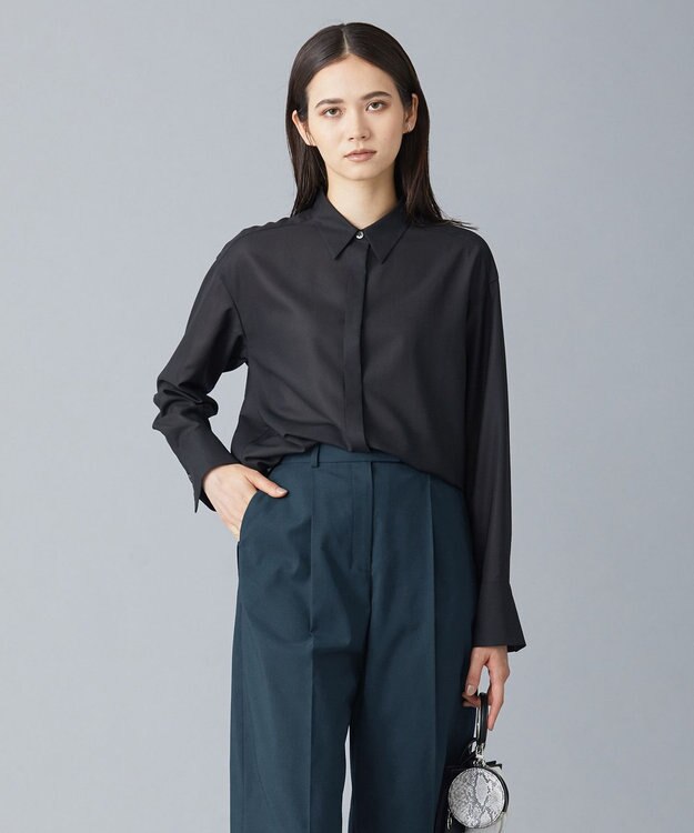 ICB 【洗える】トリアセコットンシアー ロングシャツ ブラック系