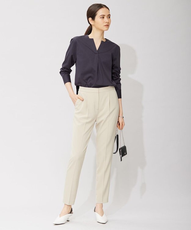 ICB L 【洗える】 ブラウスライクジャージー ヘンリーネックカットソー ネイビー系