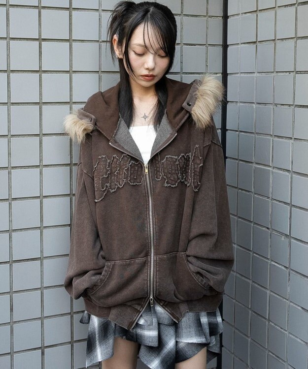 WEGO 【25年秋冬新作】ファーフードBIGZIPパーカー ブラウン