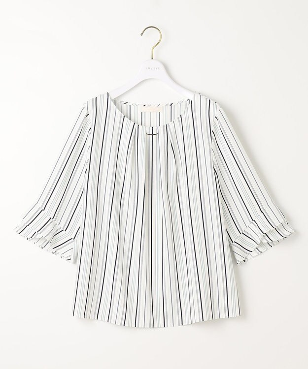 ANY SIS S 【洗える】ラッフルフレアジョーゼット ブラウス ネイビーストライプ