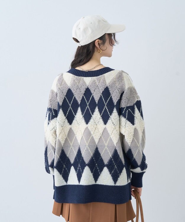 earth music&ecology ループ編みアーガイルカーディガン Navy