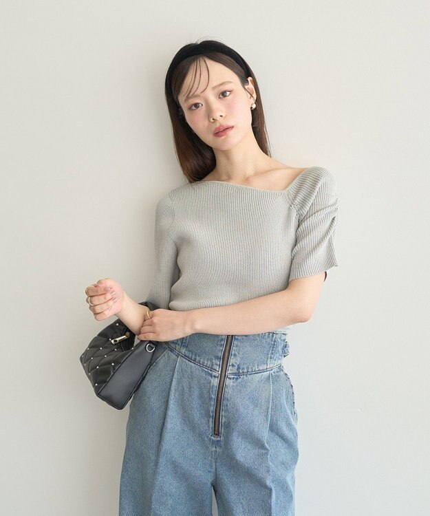 earth music&ecology アシメネックリブニットプルオーバー Gray Mixture