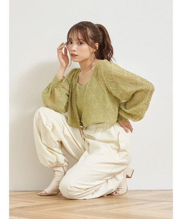 earth music&ecology ＳＥＴ２点カットジャカードカーディガン＋ビスチェ Lime Green