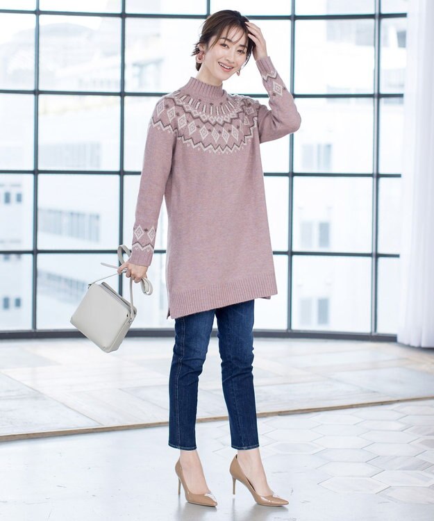 Tiaclasse L 【洗える】ノルディック柄ニットチュニック ピンク