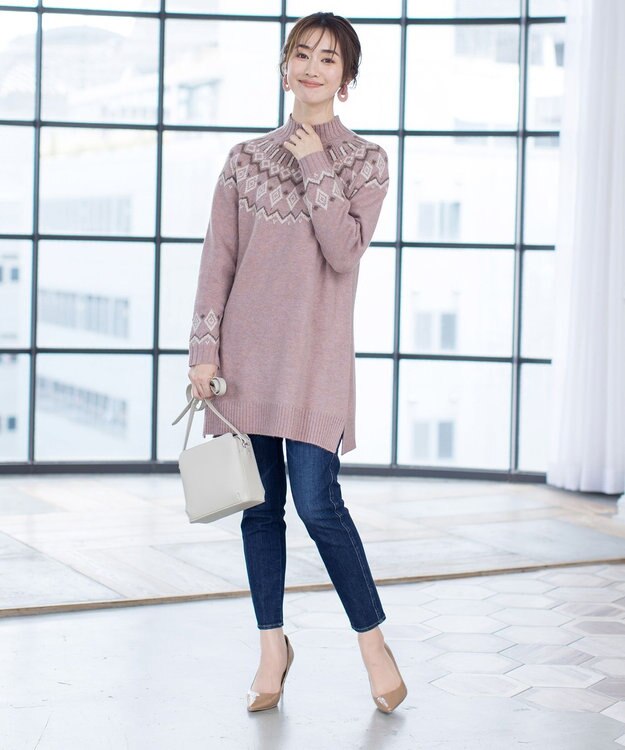 Tiaclasse L 【洗える】ノルディック柄ニットチュニック ピンク