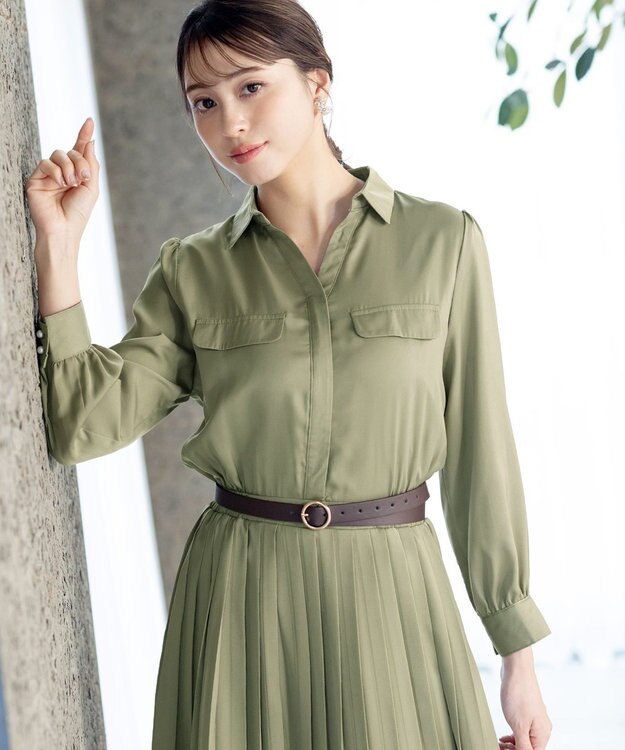 Tiaclasse 【洗える】ヴィンテージサテンシャツワンピース カーキ