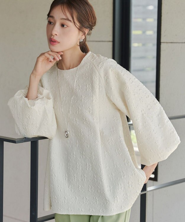 Tiaclasse 【洗える】ふくれジャガードバルーンスリーブチュニックブラウス アイボリー