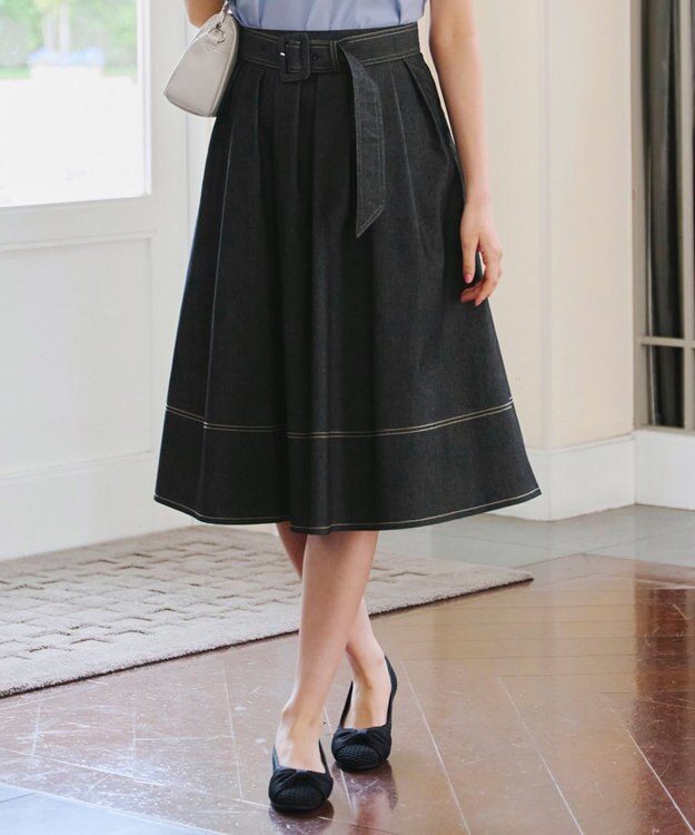 Tiaclasse 【洗える】デニムタックフレアスカート ブラック