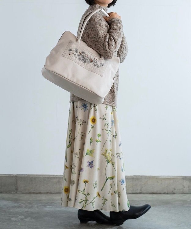 AND WOOL スミレの押し花刺繍バッグ big size ベージュ