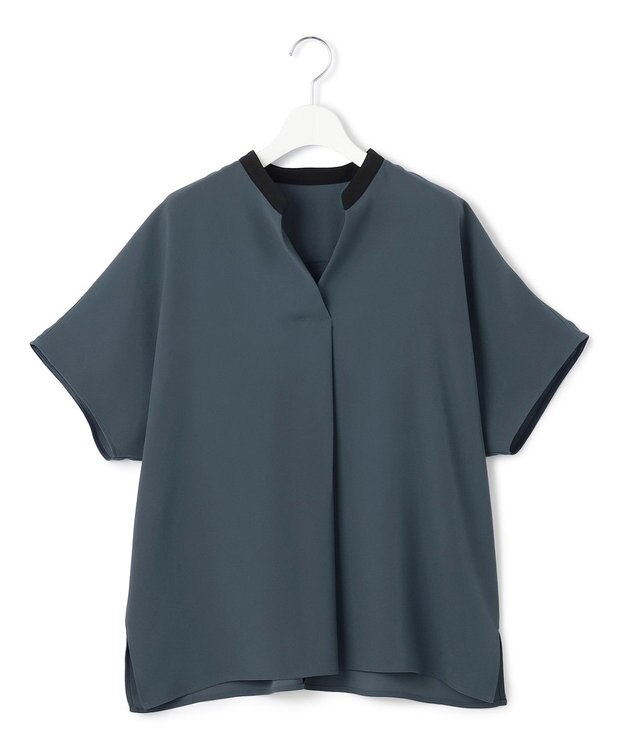 23区 L 【吸水速乾/UVカット/接触冷感】ストレッチジョーゼット バンドカラー カットソー ダークグリーン×ブラック