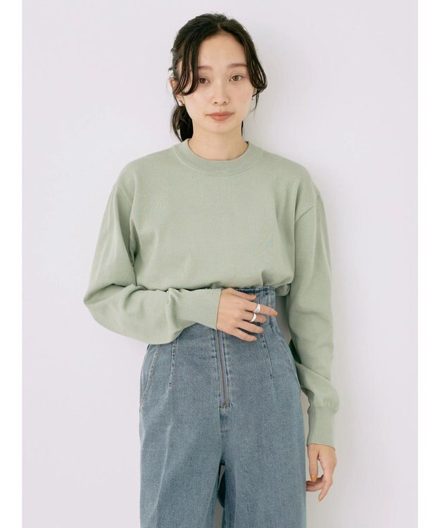 earth music&ecology バックボタンクルーネックニットプルオーバー Green