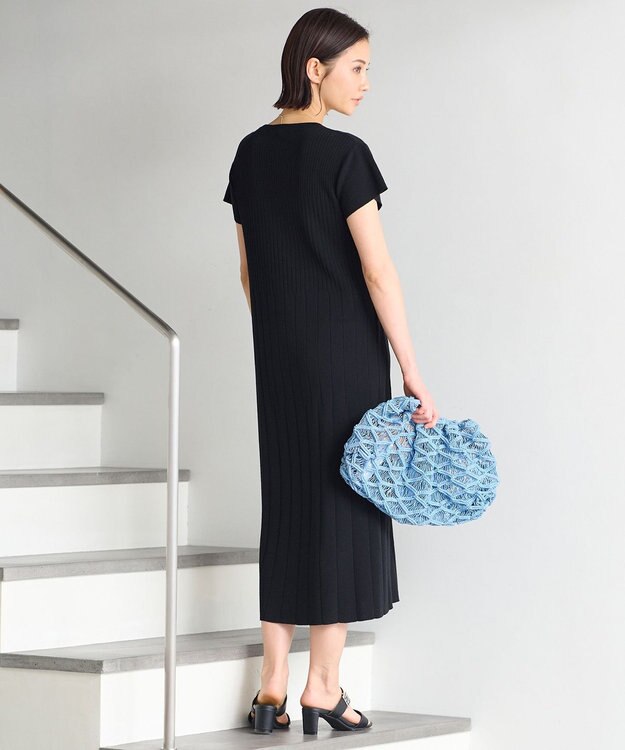 自由区 【洗える】ハイツイストコットンアセテート ニットワンピース ネイビー系