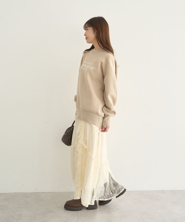 earth music&ecology 【洗濯機洗い可】スウェットライクロゴニットプルオーバー ライトベージュ