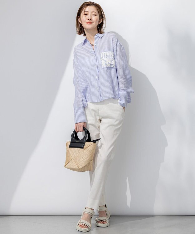 23区 L 【洗える】LIBECO クロップド シャツ ラベンダーストライプ