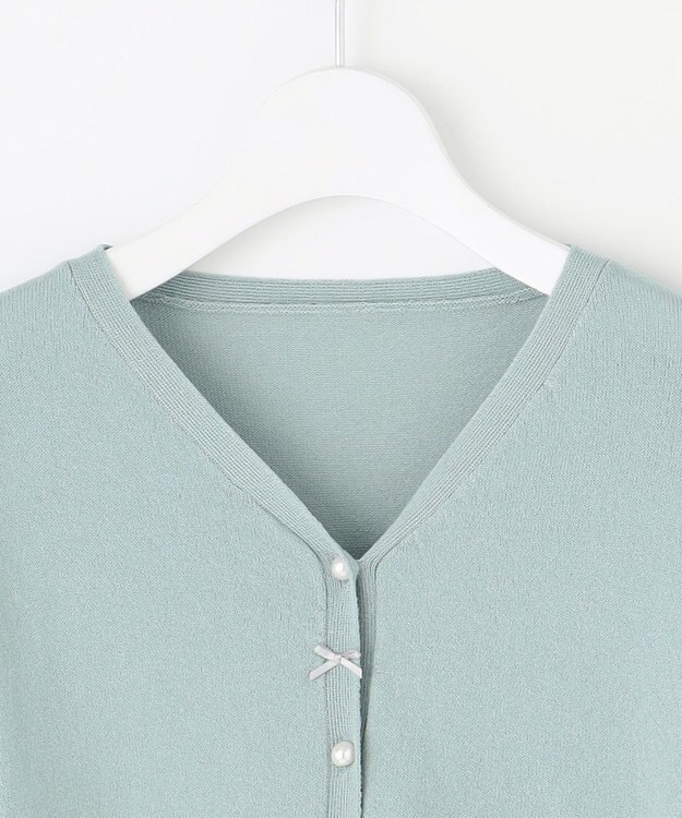 Feroux リボンパール七分袖 カーディガン ライトグリーン系