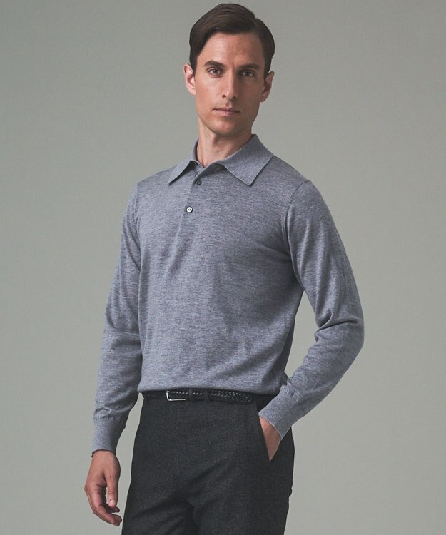 GOTAIRIKU オリジナル設計【洗える/チクチクしにくい/ピリングしにくい】イタリア糸 ハイゲージ  ニットポロ_WOOL100% ライトグレー系