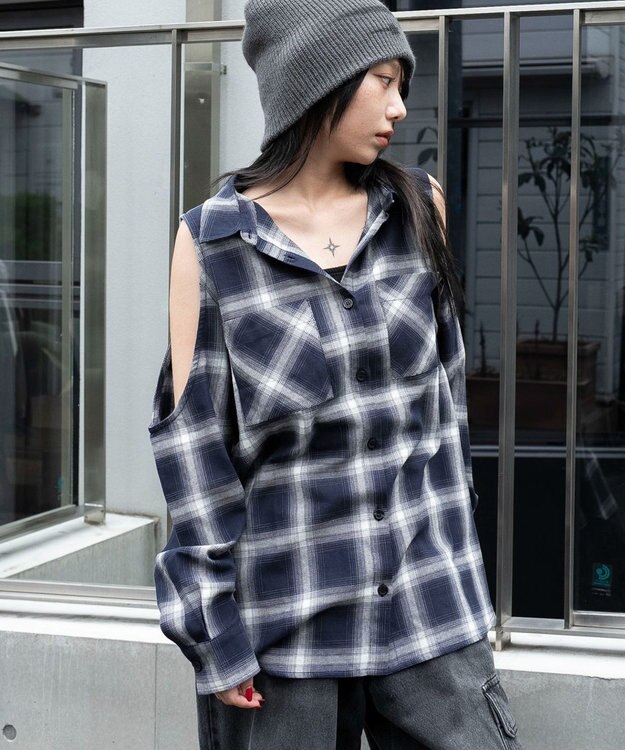 WEGO オープンショルダーチェックBIGシャツ ネイビー