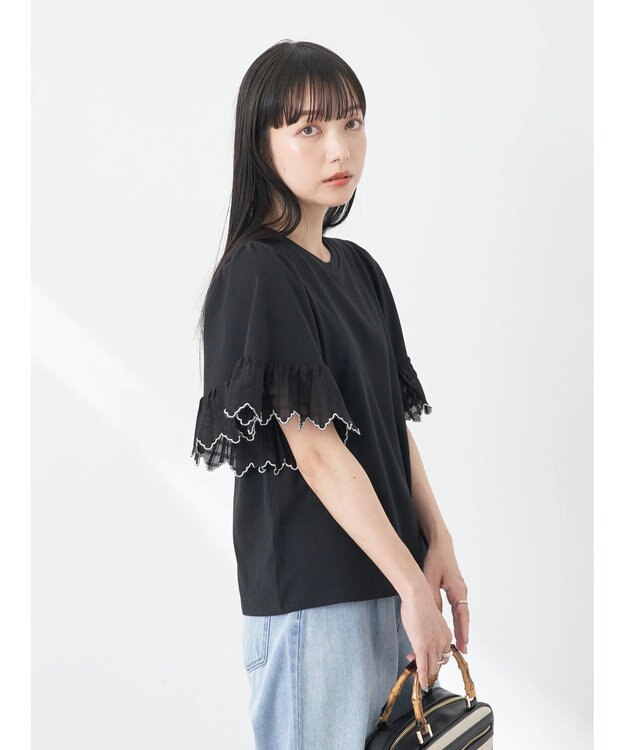 earth music&ecology 配色スカラップスリーブＴＥＥ Black