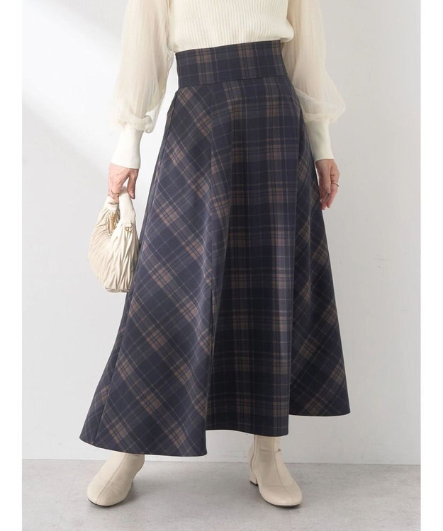 earth music&ecology バックレースアップチェックスカート Navy